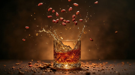 Whiskey splashing into glass with ice cubes on dark backgroundの素材