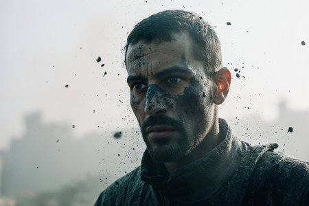 Portrait of a man with dirty face and black paint on his faceの素材