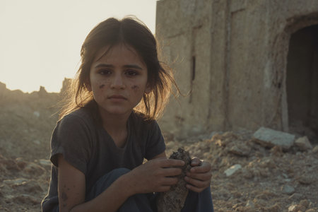 Poor beggar woman sitting on the ground in the desert. Poverty concept.の素材