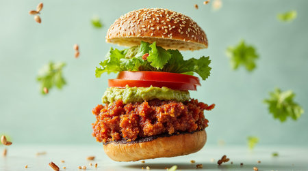 Hamburger with cutlet, tomato and lettuce on blue backgroundの素材
