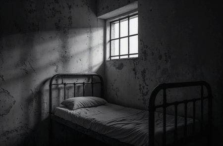 Abandoned dark room with a bed and a window in the backgroundの素材