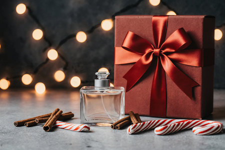 Perfume bottle with Christmas gift box and cinnamon sticks on concrete backgroundの素材