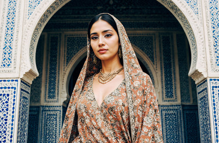 Beautiful indian woman in traditional saree and headscarfの素材