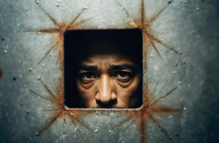 Portrait of a man looking through a hole in a metal wallの素材