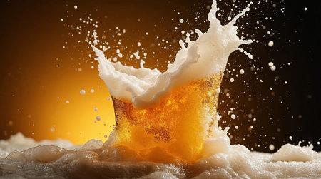 Whiskey splashing out of a glass on a dark backgroundの素材