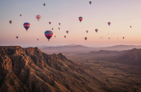 Colorful hot air balloons flying over the mountains at sunrise, Cappadocia, Turkeyの素材