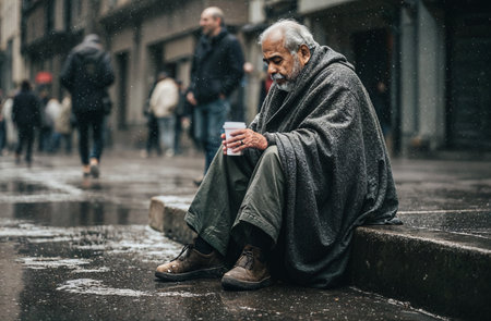 Sad homeless man with cup of coffee sitting on the street in Prague.の素材