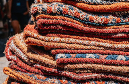 Close-up of colorful knitted blankets on the street market.の素材