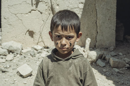 Portrait of a poor boy circa October 2013 in Kathmandu.の素材