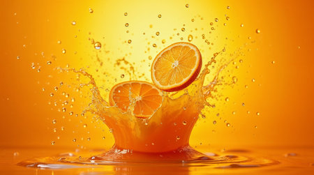 Orange fruit splashing into a glass of water on orange background.の素材