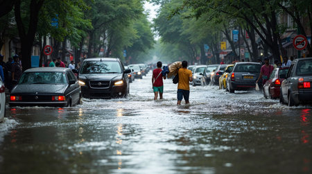 Heavy flooding from monsoon rain in Bangkok, Thailand.の素材