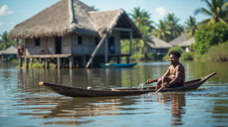 Cambodia, Siem Reap 08/12/2015. Traditional fisherman in a boat on the riverの素材