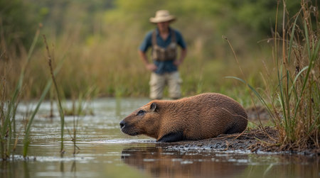 A wild Capybara, Hydrochoerus hydrochaeris, single mammal in water, Brazilの素材