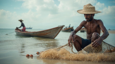 Fisherman on the beach with his fishing nets in Thailand.の素材