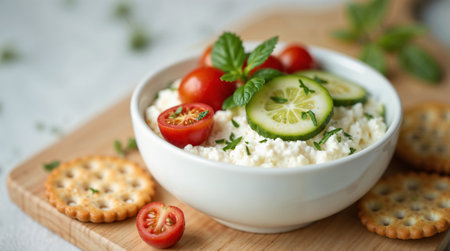 Cottage cheese with tomatoes, cucumbers and herbs in a white bowl on a light backgroundの素材