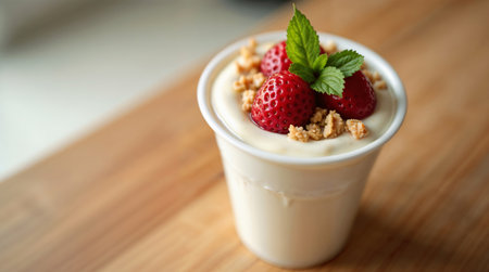 Delicious yogurt with fresh strawberries and granola on wooden table, closeupの素材