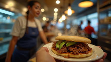 Chef holding hamburger in restaurant. Blurred background of people in fast food restaurant.の素材