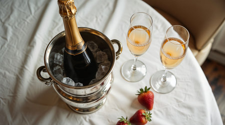 Champagne bottle in a bucket with ice and two glasses of champagneの素材