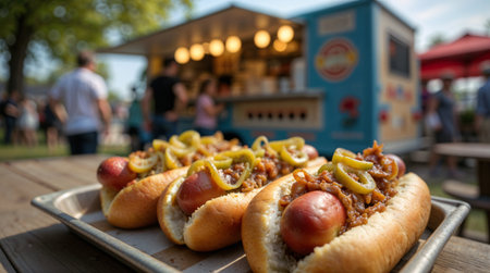 Hot dogs with jalapeno peppers and sausage on a hot dog standの素材