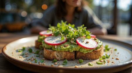 Close-up of avocado sandwich with radish and microgreen on plateの素材