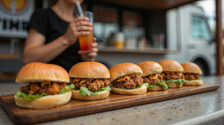 Closeup of hamburgers on wooden board with woman in backgroundの素材