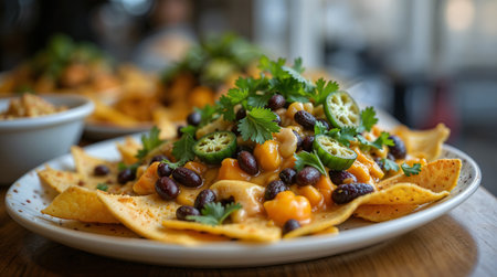 Mexican nachos with chili, cheese, beans and cilantroの素材