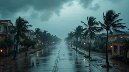 Coconut tree along the road during rain in the evening.の素材