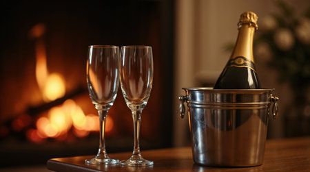 Glasses of champagne and bucket with ice on table in front of fireplaceの素材