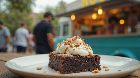 Chocolate cake with ice cream and nuts on a white plate on a wooden tableの素材