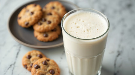 Glass of milk with chocolate chip cookies on white marble table, closeupの素材