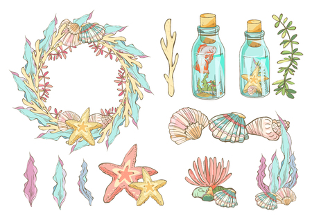 Cute sea set with the wreath of corals and seaweed with shells, bottles with seaweed,star and fish.のイラスト素材