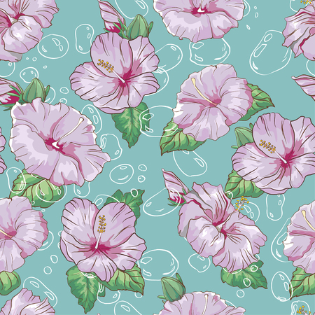 Pattern with hand drawn colorful hibiscus flower and bubblesのイラスト素材