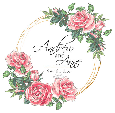Vector delicate invitation with roses for wedding, marriage, bridal, birthday, Valentine's day. Beautiful flower composition. Summer compositionのイラスト素材