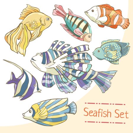 Set of hand drawn colorful sea fish on white background. Collection of bright fishのイラスト素材