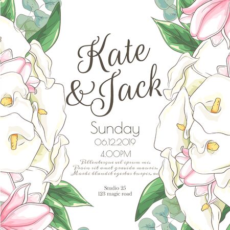 Vector delicate invitation with calla for wedding, marriage, bridal, birthday, Valentines day. Beautiful flower composition template. Summer composition.のイラスト素材