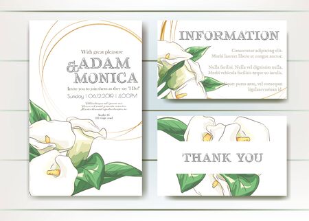 Set of vector delicate invitation with calla for wedding, marriage, bridal, birthday, Valentines day. Beautiful flower composition template. Summer composition.のイラスト素材