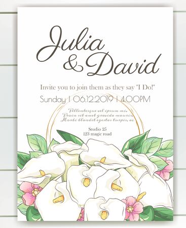 Vector delicate invitation with calla flowers for wedding, marriage, bridal, birthday, Valentines day.のイラスト素材