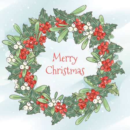Christmas wreath with berry, mistletoe and hollyのイラスト素材