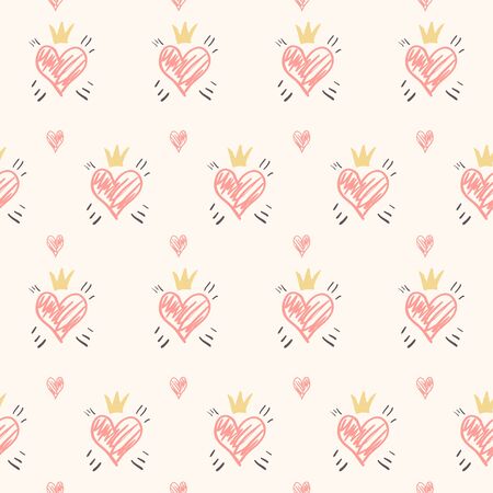 Romantic seamless pattern. Love background with hearts ann crown