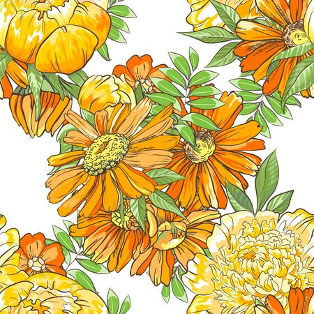Seamless border pattern with sketch colorful blossoms. Background with peony, chamomile and berries and leaves.のイラスト素材