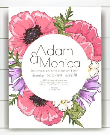 Vector delicate invitation with poppy for wedding, marriage, bridal, birthday, Valentines day. mothers day.のイラスト素材
