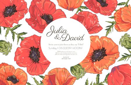 Template with poppy on white background. Vector frame with poppy for wedding, marriage, bridal, birthday, mothers dayのイラスト素材