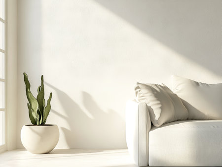 Minimalistic living room with natural light illuminating a white sofa and a potted cactus, creating soft shadows on the wallの素材