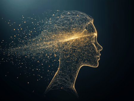 3d rendering of a female head made of particles and lines.の素材