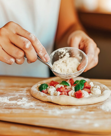 Person preparing homemade pizza with fresh ingredients on a wooden surface.の素材
