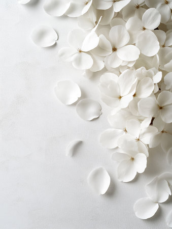 Delicate white hydrangea petals scattered on a soft textured background, creating a minimalist and elegant floral composition.の素材