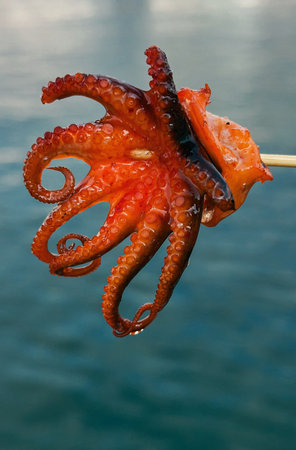 Grilled octopus tentacle on a skewer with shiny texture and vibrant orange color against a blurred...