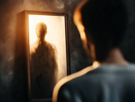 Mysterious silhouette reflected in a foggy mirror illuminated by warm dramatic light. Depressiveの素材