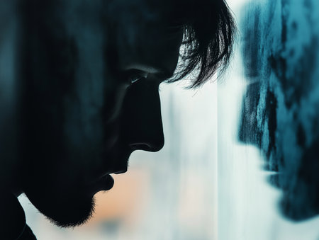 Man staring at his reflection on foggy glass with intense expression in moody lighting. Depressedの素材
