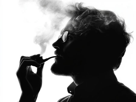 Black and white silhouette of a man smoking a pipe with swirling smoke on white background.の素材